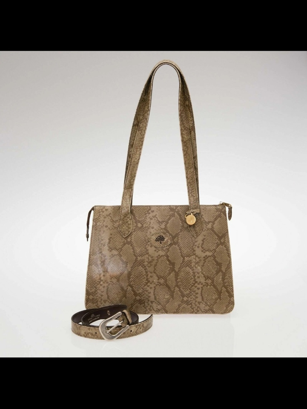 Mulberry Taupe Snake-Print Shoulder Bag with Gold Charm